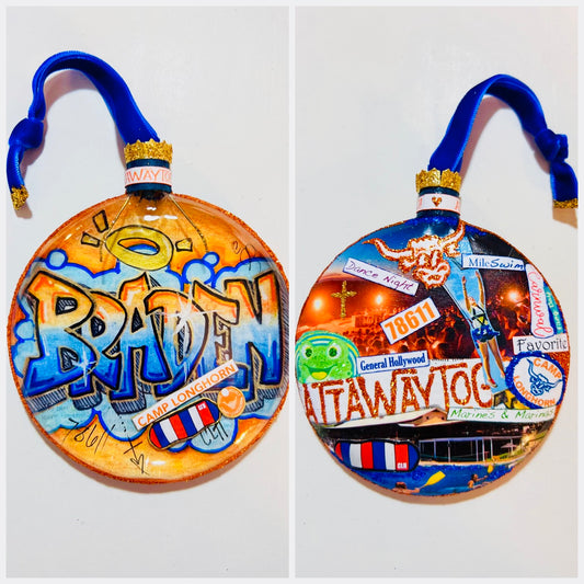 Braden's favorite Camp Longhorn memories with floating charms. Front and back view