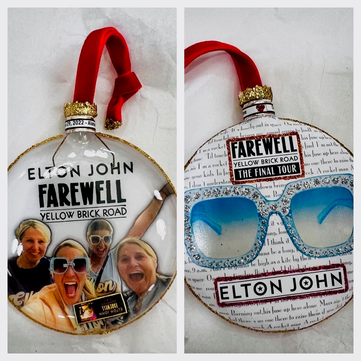 Custom concert keepsake ornament, front and back: friends' concert photo on one side, sparkly glasses and song lyrics on the other